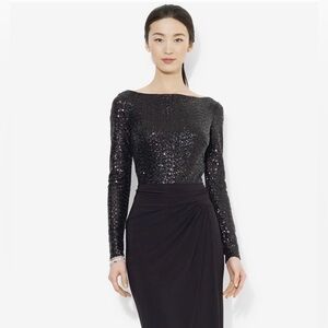 Ralph Lauren Black Sequin Long Sleeve Evening Gown size 8